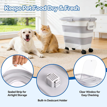 Dog Food Storage Container 30-40lbs, Airtight Pet Food Bin with Locking Lid & Clear Window, Collapsible Rolling Storage Container with Wheels & Scoop, Gray