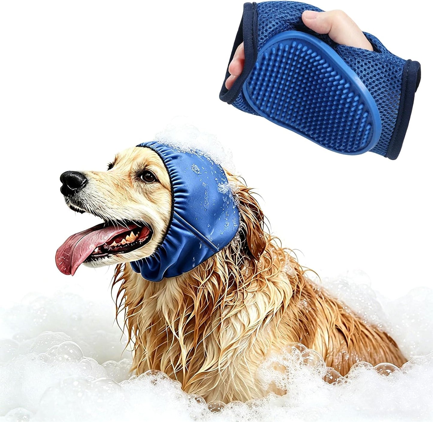 2 Pcs Pet Ear Muffs and Grooming Gloves, Swimming Waterproof Dog Ears Caps, Wearable Glove Design Shampoo Scrubber for Cat, Dehairing Brush for Most Cats, Dogs (M)