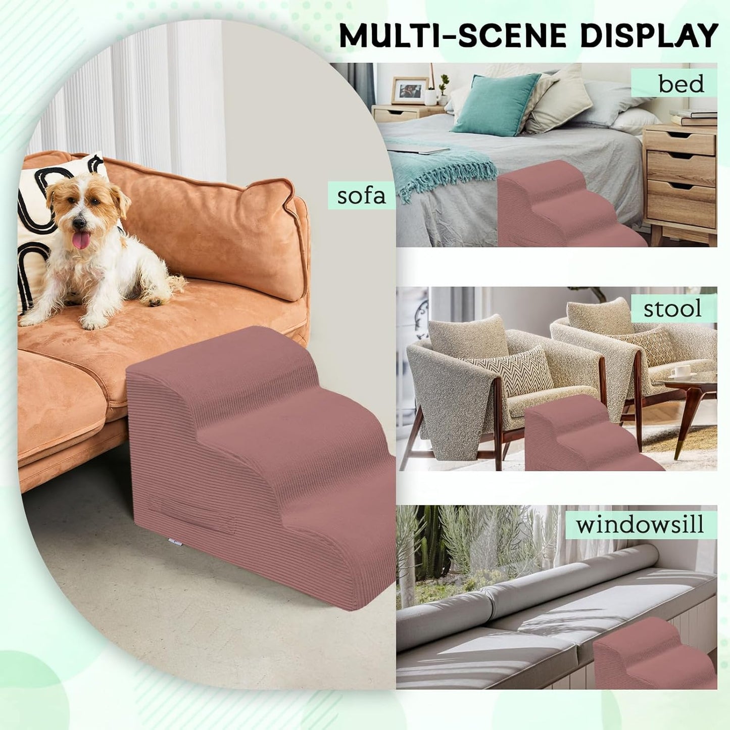 Mesa Lemon Dog Stairs & Steps for High Beds, 3 Steps High Density Foam Waterproof Dog Ramp for Small Dogs and Cats, Pet Stairs with Removable Washable Cover for Bed, Couch, Sofa and Car (H:16")