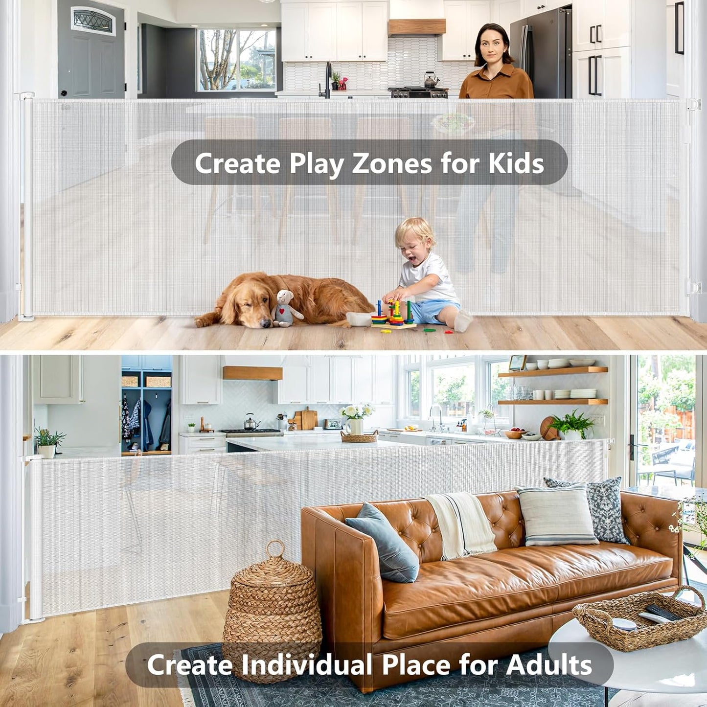 48" Extra Tall Retractable Dog Gate Indoor Prevent Your Baby/Dog/Cat from Jumping Over 55" Wide Extra Tall Retractable Baby Gate for Doorway Mesh Gates for Kids or Pets Puppy Gates for the House, Gray