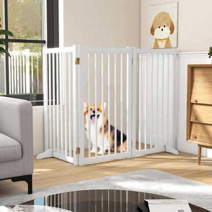 36" H Freestanding Dog Gate, Solid Wood Foldable Pet Gate with Support Feet, Wooden Tall Dog Gate for Doorway, Stairs & Indoor Use, 60" Wide Expandable Pet Fence, 3 Panels, Walnut