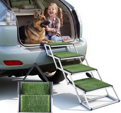 VEVOR Dog Stairs for Car, 4 Steps Extra Wide Foldable Dog Ramp for Large Dogs with Non-Slip Rug Surface, Portable Lightweight Pet Ladder for Car, SUV, Truck, High Beds, Sofas, Support up to 200 lbs