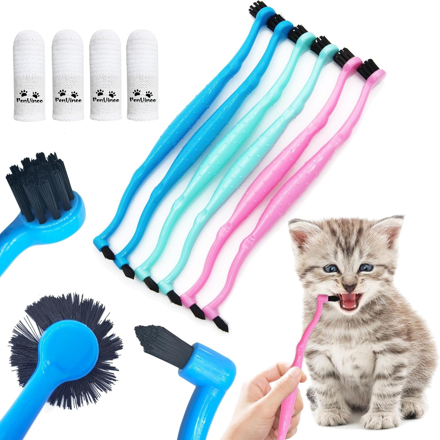 Pet Dental Care Set, Dual-Sided Toothbrush and Finger Brush, for Dogs and Cats (Black, Small Cone)