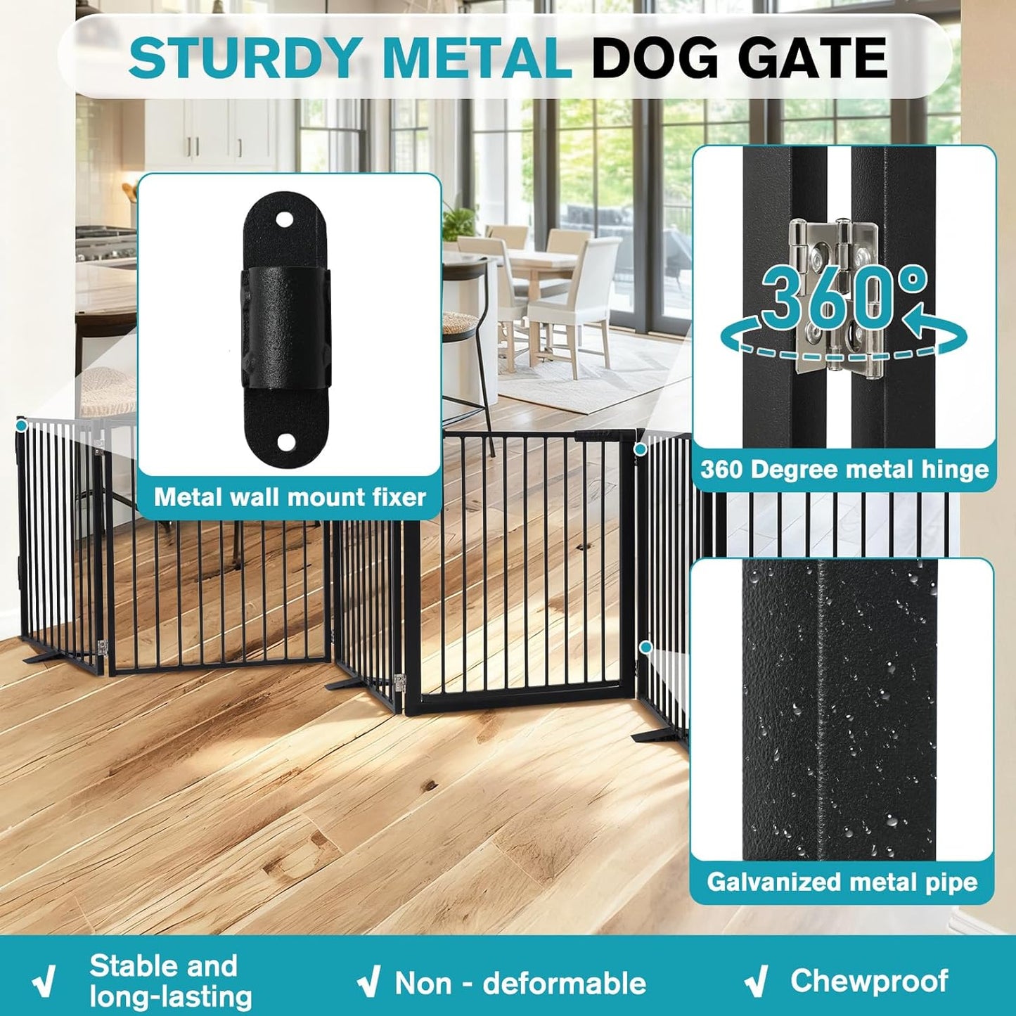 Snagle Paw Extra Wide Dog Gate,Free Standing Dog Fence with Door, Up to 104 Inch Wide Pet Gate with Support Feet for Stairs, Hallways, Doorways, Yard (Black, 4 Panels)