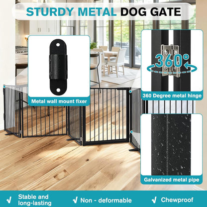 Snagle Paw Extra Wide Dog Gate,Free Standing Dog Fence with Door, Up to 104 Inch Wide Pet Gate with Support Feet for Stairs, Hallways, Doorways, Yard (Black, 4 Panels)