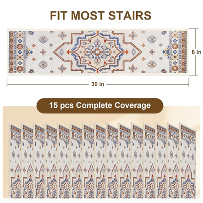 Non Slip Stair Treads for Wooden Steps Indoor, Dark Grey, 15pcs, 30"X8", Soft Carpet Mat, Machine Washable Boho Carpet Treads with Reusable Adhesive Backing, Safety Stair Tread for Dogs, Kids, Elders