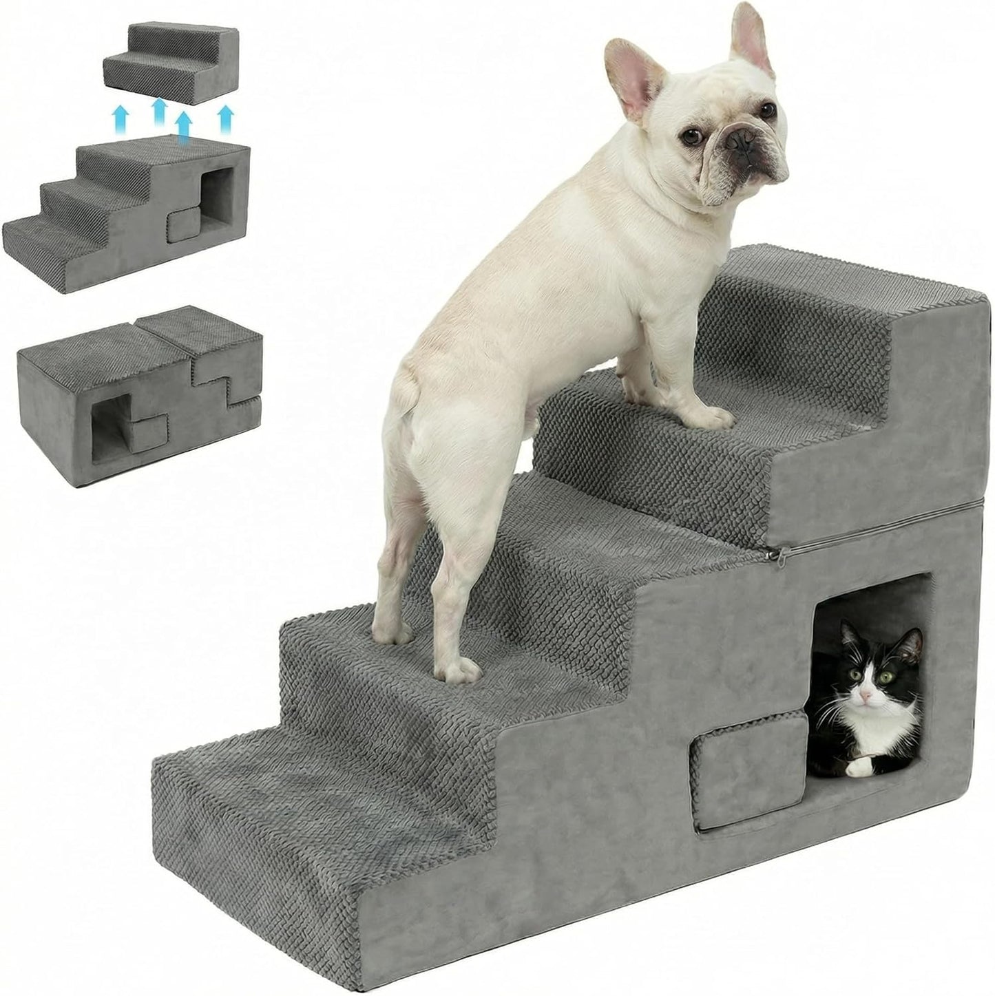 Dog Stairs for Small Dogs, 6-Step Dog Steps for High Bed, High-Density Foam Pet Stairs with Non-Slip Removable Washable Cover to Get on Bed