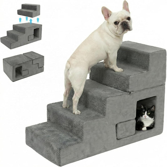 Dog Stairs for Small Dogs, 6-Step Dog Steps for High Bed, High-Density Foam Pet Stairs with Non-Slip Removable Washable Cover to Get on Bed