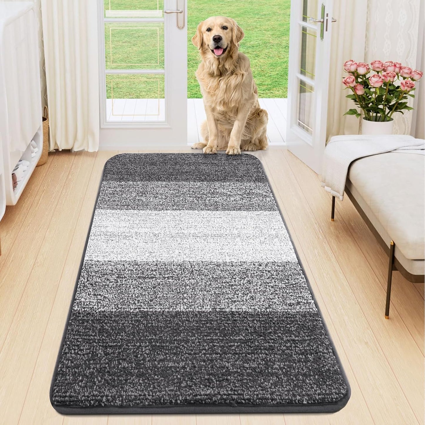 Smiry Dog Door Mat for Muddy Paws, Absorbs Moisture and Dirt, Low-Profile Entryway Mat with Non-Slip Backing, Entry Indoor Outdoor Doormat for Inside Floor (30x20 Inches, Grey, Striped)