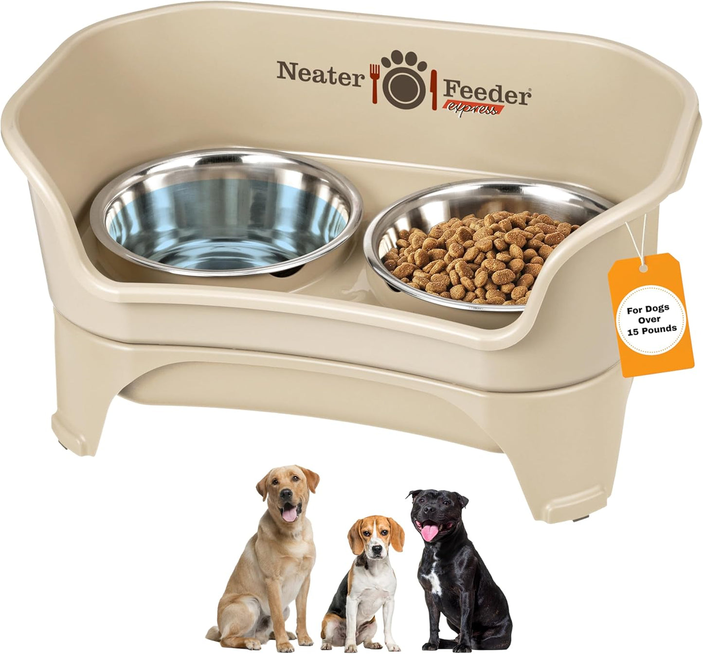 Neater Feeder Express Mess Proof Dog Bowls Elevated for Small Breeds under 15 Lb, Made in USA, No Spill Raised Dog Food Bowl Stand, Stainless Steel Food and Water Bowl Set, Feeding Station, Cappuccino