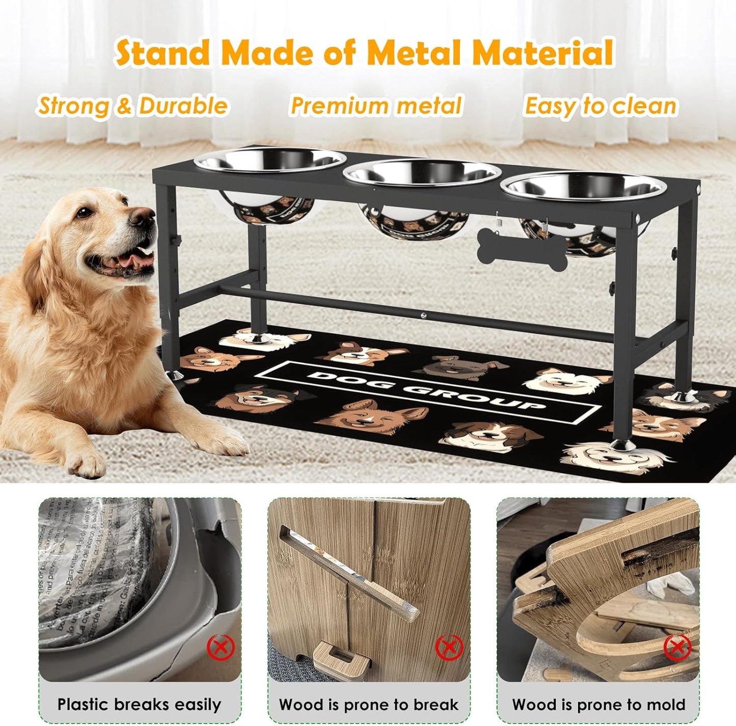 ADENGL Metal Raised Dog Bowl, 10" Tall Elevate Dog Feeder Stand with 2 Stainless Steel 42oz Bowls & 16x24 Non-Slip Mat – Stronger Dogs Food & Water Bowl Stand (Black)