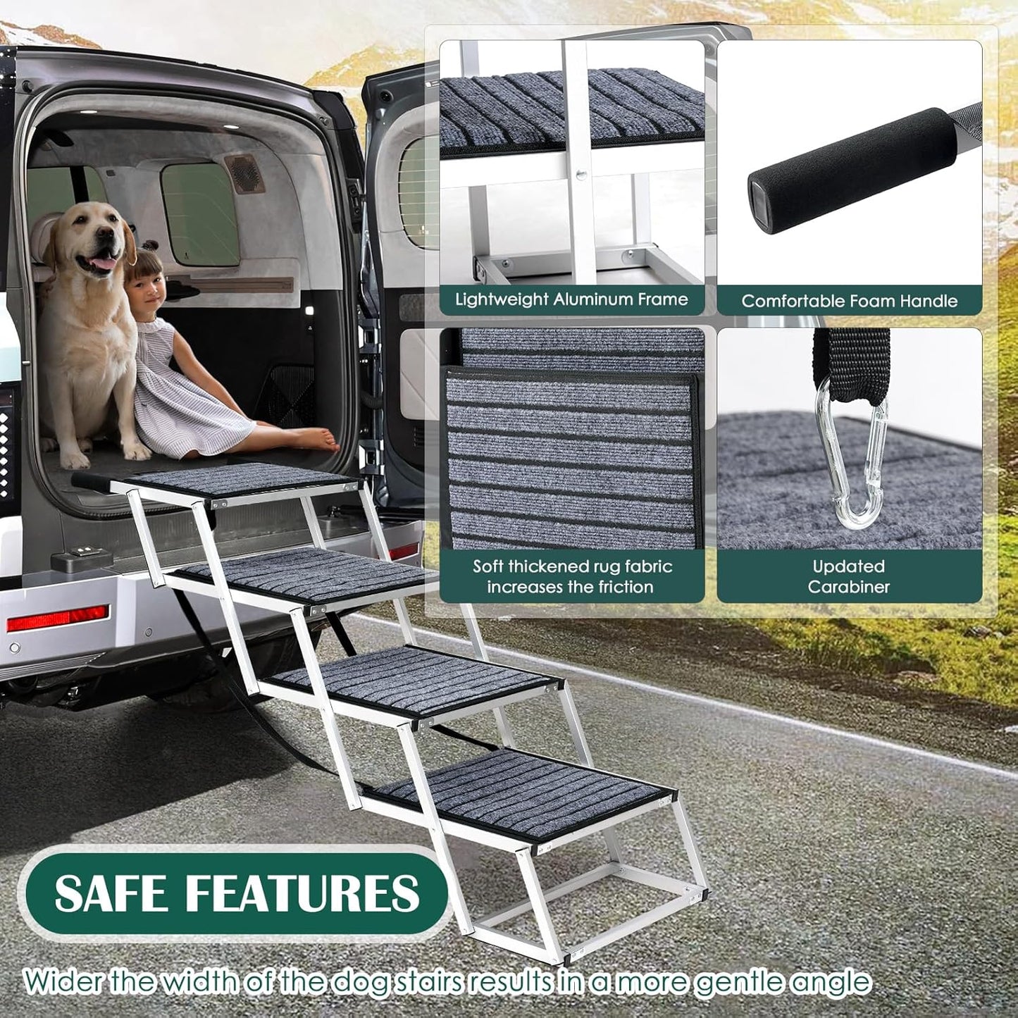 Dog Stairs for Large Dogs,Dog Stairs for Cars,Foldable Dog Ramp Pet Steps Light Weight Aluminum,Extra Wide Dog Stair for Large Dogs,High Beds, Trucks, Supports up to 200 lbs (Extra Wide-4 Steps)