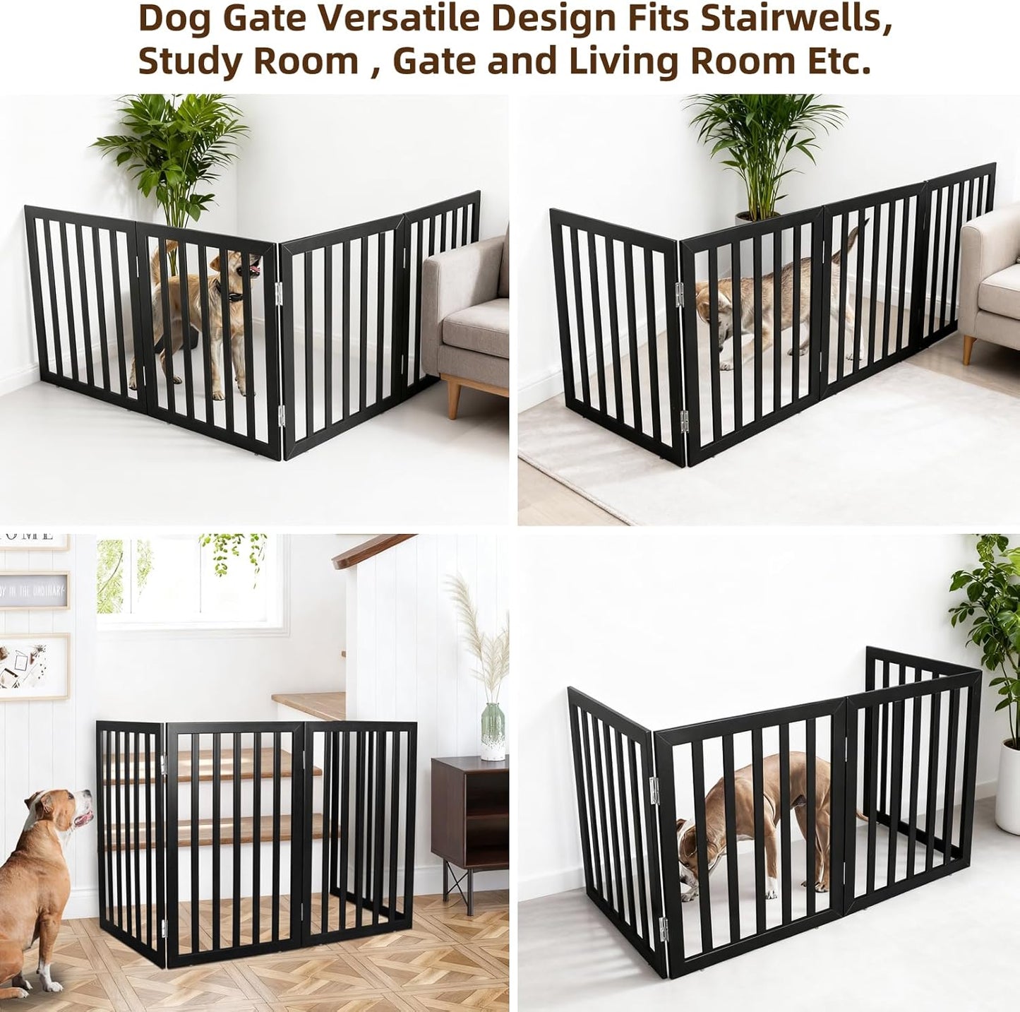 ZJSF Freestanding Indoor Dog Gate for House Foldable Wood Brown Puppy Gate for Doorways Pet Gate for Stairs Extra Wide Pet Fence 24" Height 2 Panels