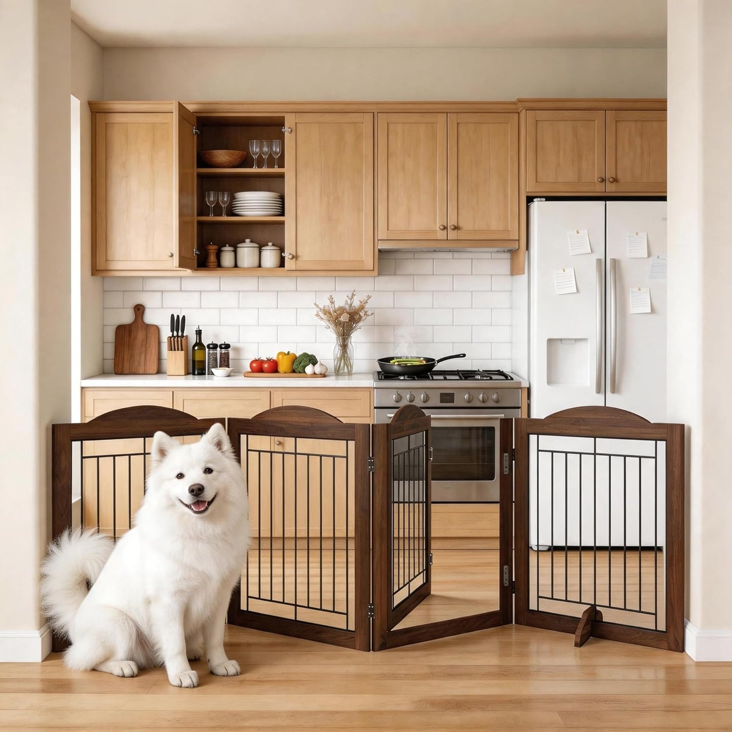 Vantas Espresso Wooden Folding Dog Gate 144" Wide x 30" Tall with Door, Freestanding Pet Gate, Pet Puppy Safety Fence