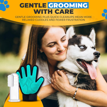 Pet Hair Removal Glove for Dogs & Cats – Dog Grooming Gloves for Shedding, Pet Hair Remover Glove – Pet Grooming Gloves, Cat Grooming Gloves & Cat Brush Glove (Glove + Finger Toothbrush Kit)
