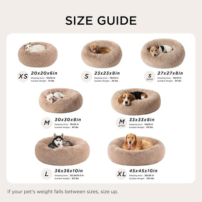 Bedsure Calming Dog Bed Medium Size Dog - Donut Washable Medium Pet Bed, 30 inches Anti-Slip Round Fluffy Plush Faux Fur Cat Bed, Fits up to 45 lbs Pets, Camel