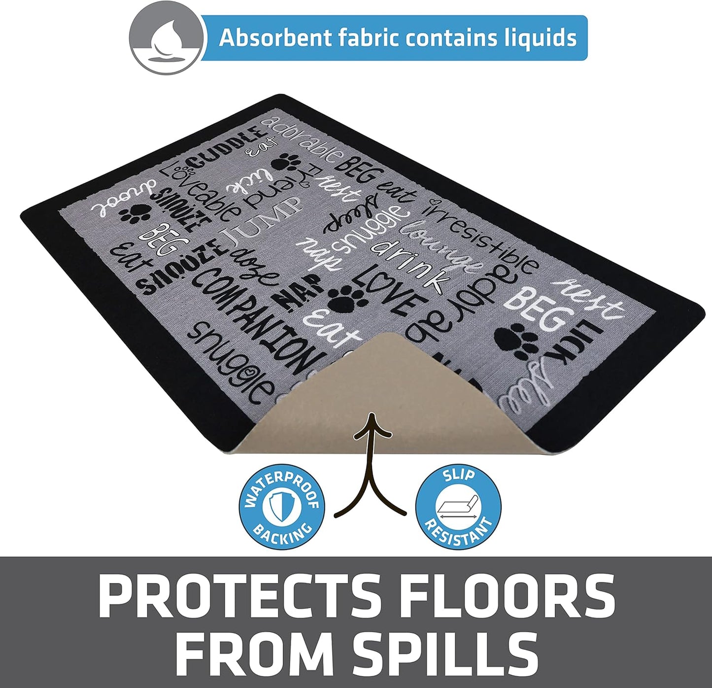 Drymate Pet Bowl Placemat, Dog & Cat Food Feeding Mat - Absorbent Fabric, Waterproof Backing, Slip-Resistant - Machine Washable/Durable (USA Made) (12” x 20”) (Indigo)