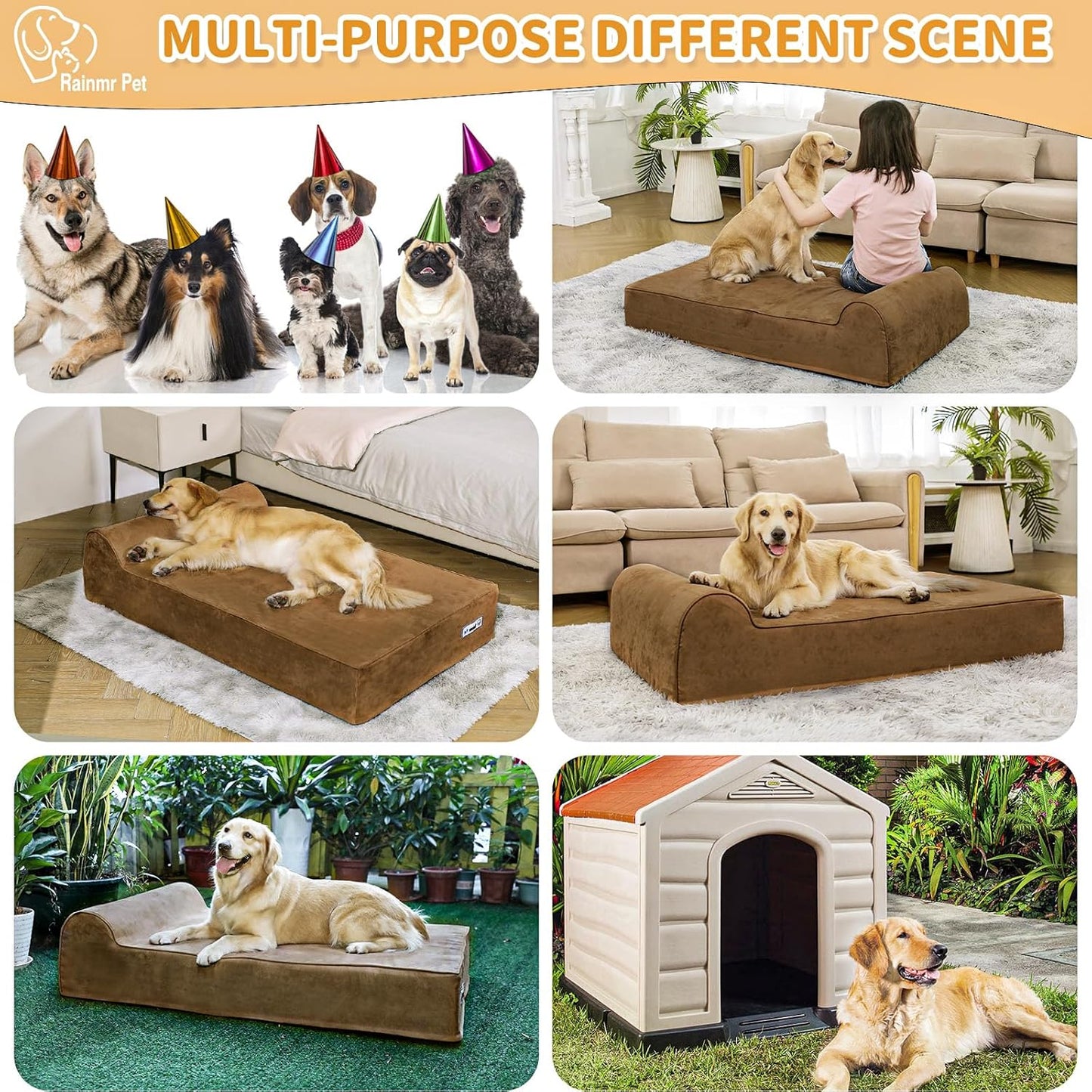 Rainmr Orthopedic Dog Beds for Large Dogs, 7" Memory Foam Dog Beds with Waterproof Liner, Durable Microsuede Cover, Removable and Washable, Nonskid Bottom, 48"x30"x7" L Grey
