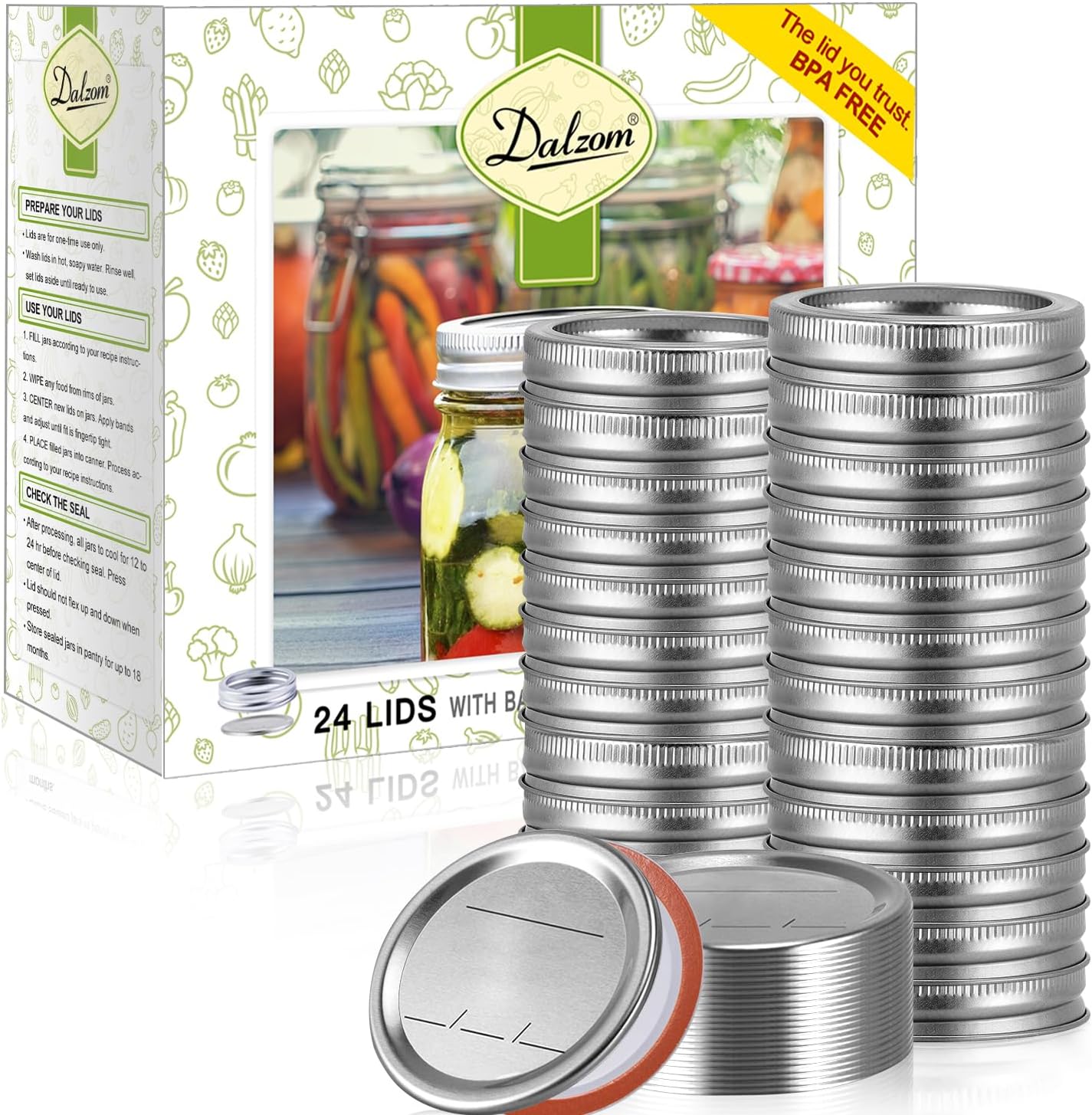 Dalzom® 24Pcs Canning Lids with 24Pcs Rings Regular Mouth, Premium Mason Jar Lids with Bands/Rings for Ball, Kerr Jars - Food Grade Material, 100% Fit & Airtight for Regular Mouth Mason Jars
