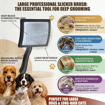 Slicker Brush for Doodles and Poodles - 2-Piece Solid Wood Dog Grooming Set with Extra Long Pin Dematting Tool and Metal Comb for Curly, Matted & Thick Hair, Purple