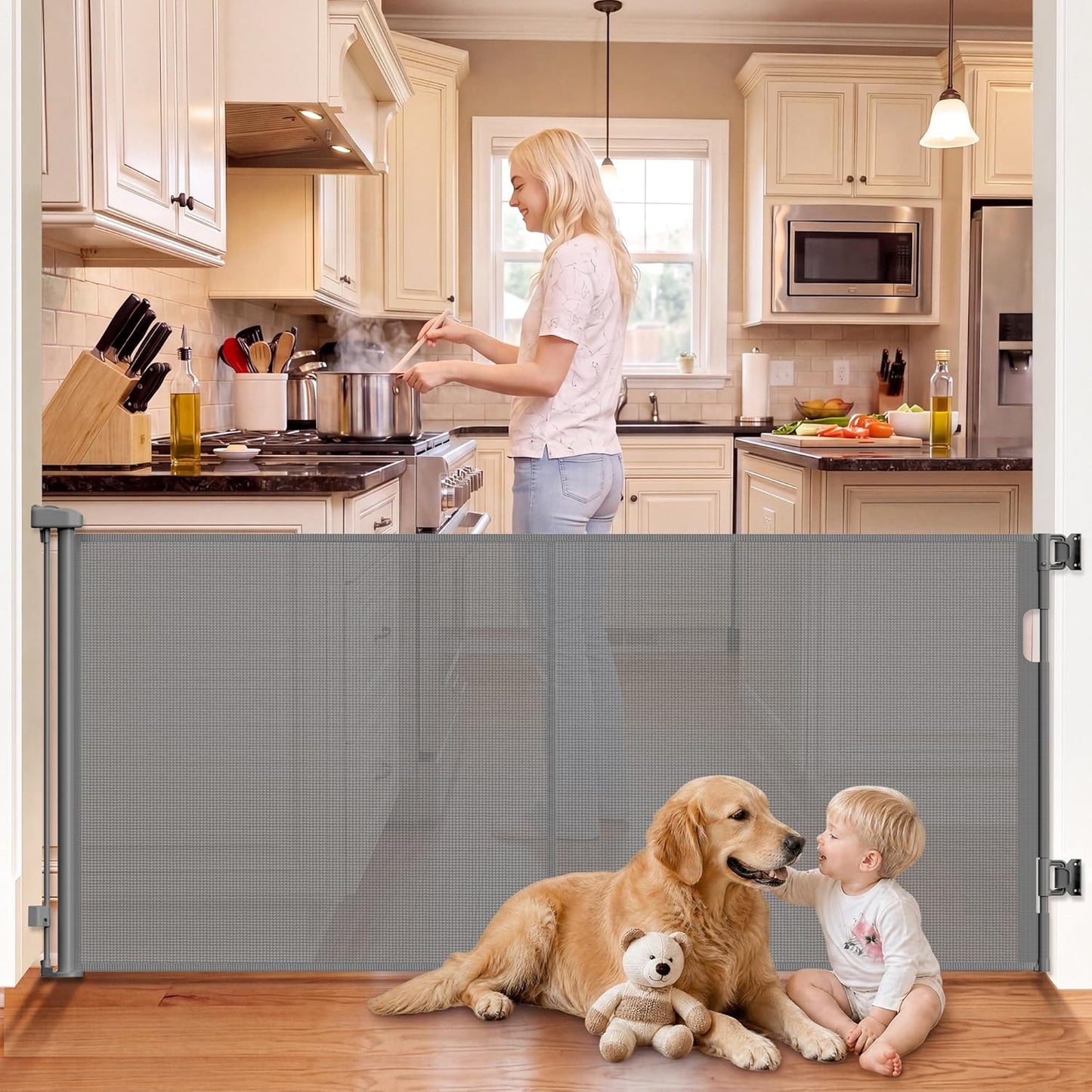 Reinforced 70” Wide Retractable Pet Gate Indoor Dog Gates Outdoor Retractable Baby Gate with Support Rod to Prevent Bottom Escape 33” Tall Child Safety Gates for Stairs Doorway Hallway Deck