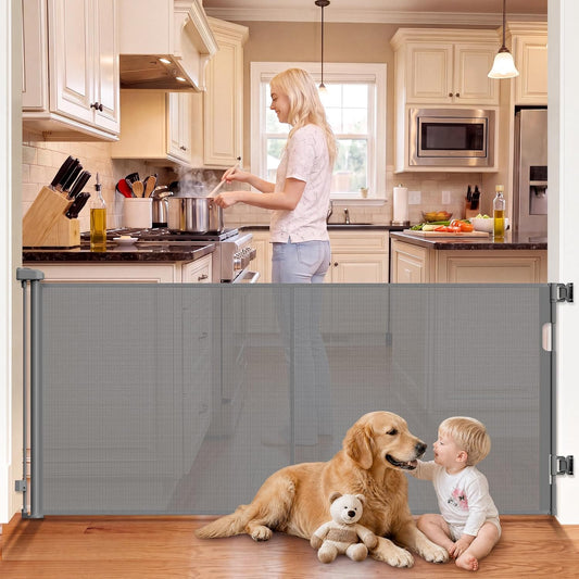 Reinforced 70” Wide Retractable Pet Gate Indoor Dog Gates Outdoor Retractable Baby Gate with Support Rod to Prevent Bottom Escape 33” Tall Child Safety Gates for Stairs Doorway Hallway Deck