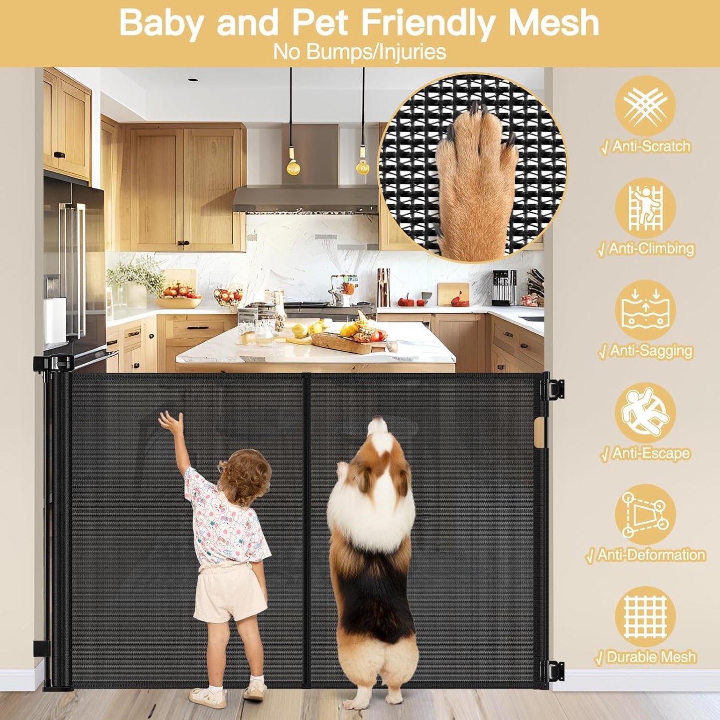 Reinforced 42" Tall Retractable Dog Gate, 155" Extra Long Retractable Baby Gate with Support Rods - Prevent Crawling Under, Indoor/Outdoor Retractable Gate Extra Tall Baby Gate Retractable Fence/Black
