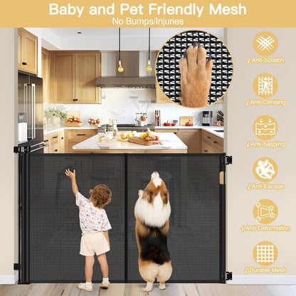 Reinforced 42" Tall Retractable Dog Gate, 155" Extra Long Retractable Baby Gate with Support Rods - Prevent Crawling Under, Indoor/Outdoor Retractable Gate Extra Tall Baby Gate Retractable Fence/Black