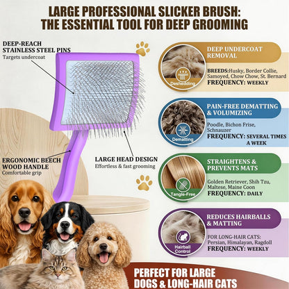 Slicker Brush for Doodles and Poodles - 2-Piece Solid Wood Dog Grooming Set with Extra Long Pin Dematting Tool and Metal Comb for Curly, Matted & Thick Hair, Purple