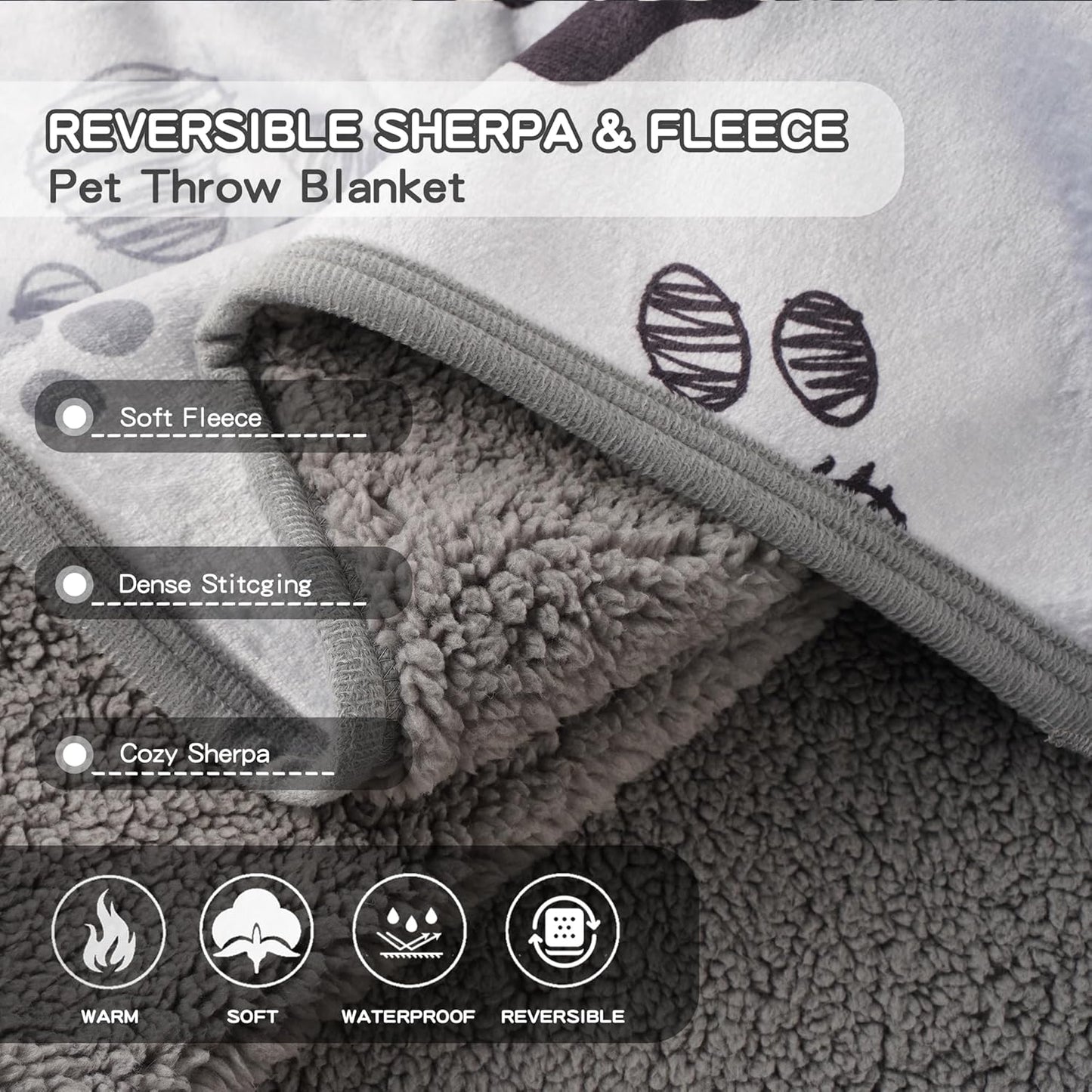 Waterproof Dog Blankets Pet Blanket 50"x60", Soft Fluffy Sofa Car Bed Protector, Reversible Sherpa Fleece Dog Blanket for Large Dogs (Dark Grey-Paws)