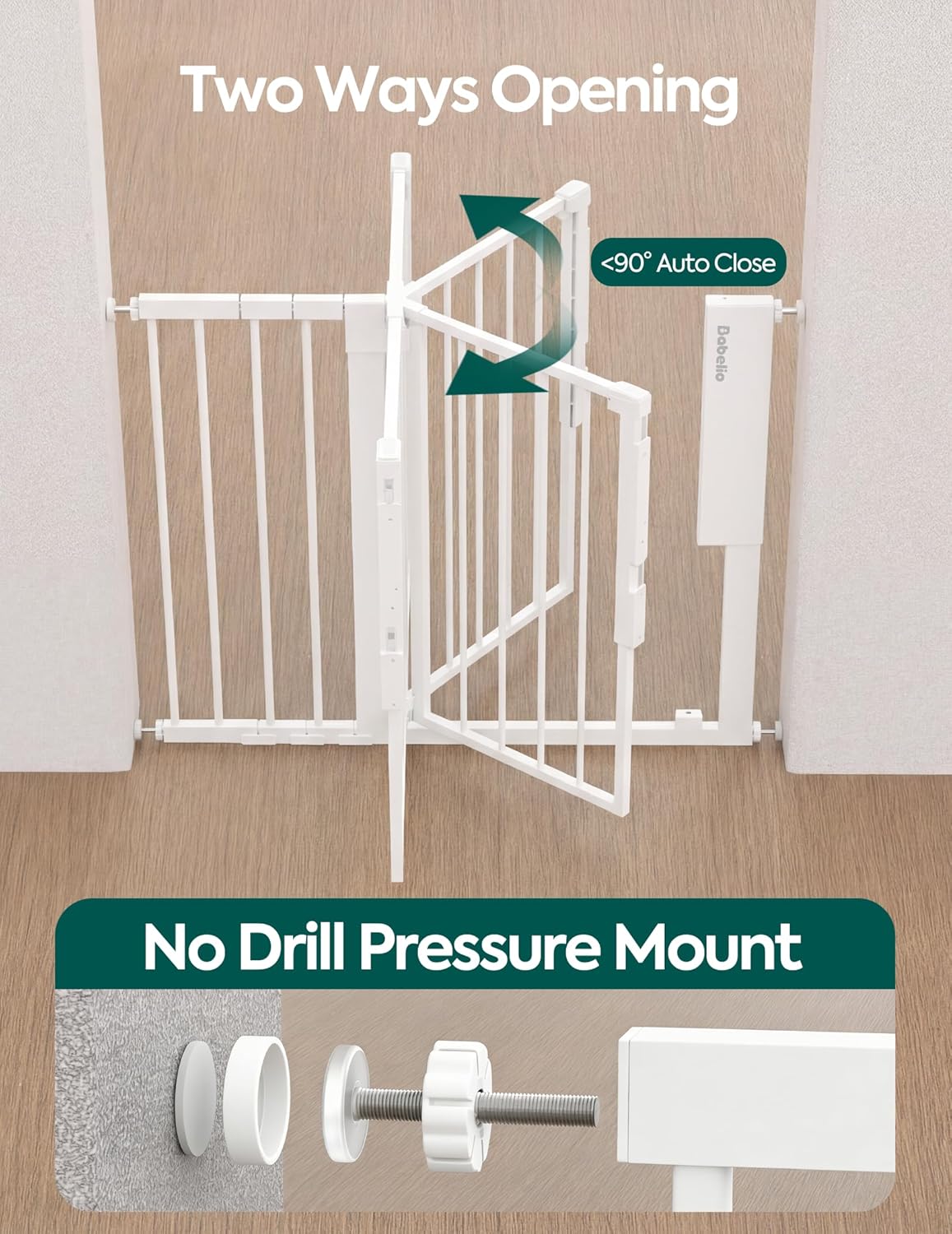 Babelio Smart Baby Gate with Auto-Unlock/Close, Pressure Mounted No Drill for Doorways/Top of Stairs. Pet/Dog Door Wide Walk Thru w/Infrared Sensor & Safety Alert (Black, 26.3-37.8" W, 30" H)