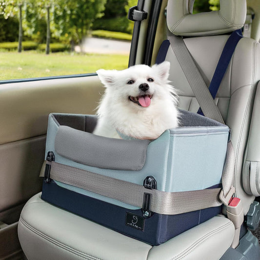 A 4 Pet Dog Car Seats for Small Dogs Under 25lbs – Safety Travel Booster Seat with Patent Buckles, Adjustable Leash – Reduces Anxiety & Road Trips – Frame Support for Cars, SUV, Pickup