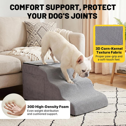 Large Dog Stairs – Extra Large Dog Steps for Bed, Couch & Car, 6-Step Pet Steps for Puppies & Senior Dogs, Pet Stairs with Washable Cover, Side Pockets, Non-Slip Bottom, 43.3" L x 19.7" W Grey