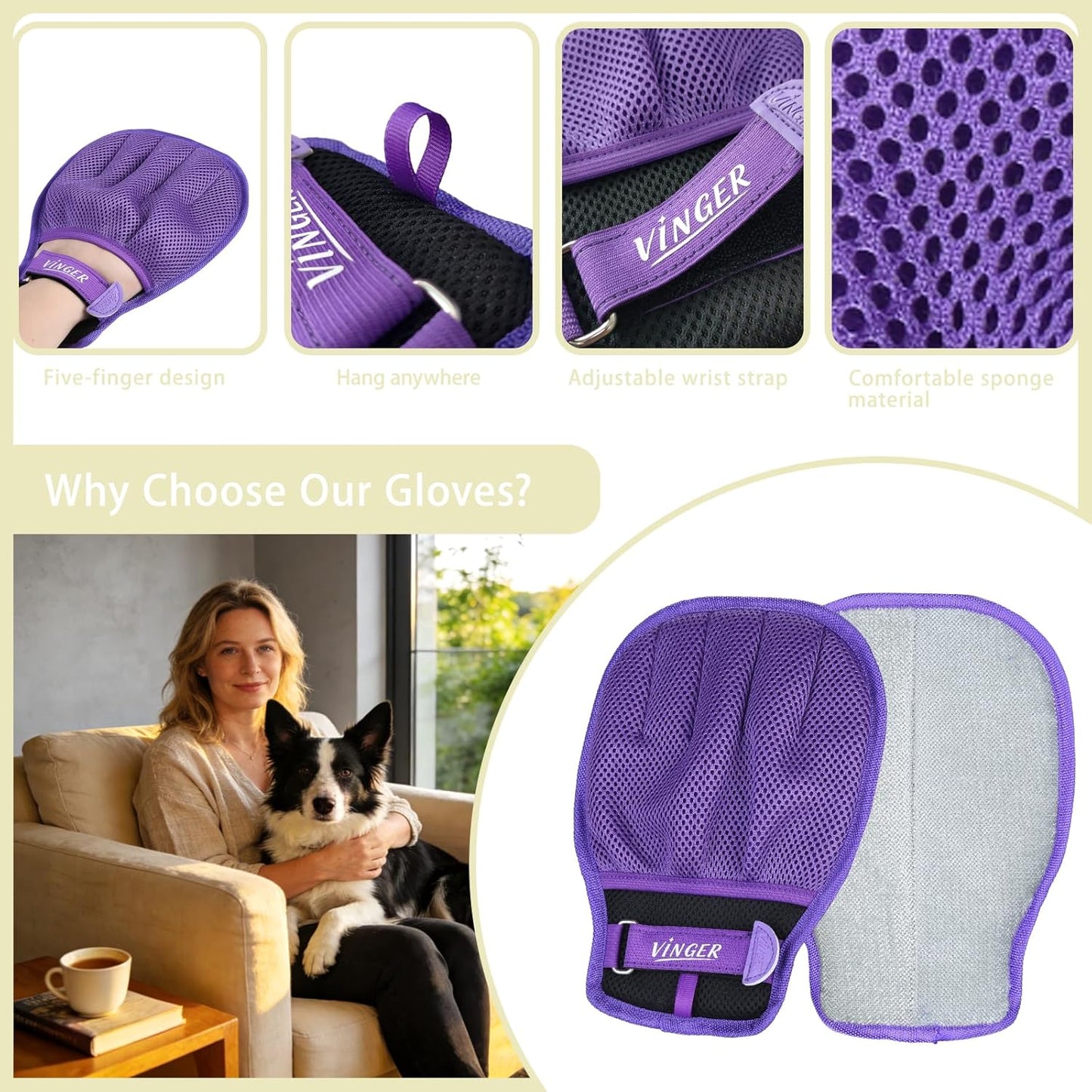 VINGER Pet Hair Removal Glove for Cats & Dogs, Electrostatic Pet Hair Gloves with Adjustable Wristband, Five-Finger Magic Brush Remover Tool for Laundry, Carpet, Couch, Car Seats & Clothing (Black)