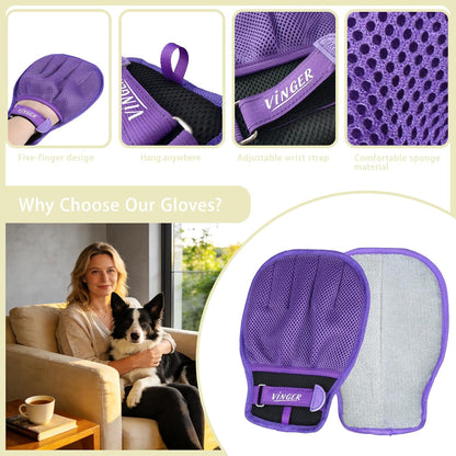 VINGER Pet Hair Removal Glove for Cats & Dogs, Electrostatic Pet Hair Gloves with Adjustable Wristband, Five-Finger Magic Brush Remover Tool for Laundry, Carpet, Couch, Car Seats & Clothing (Black)