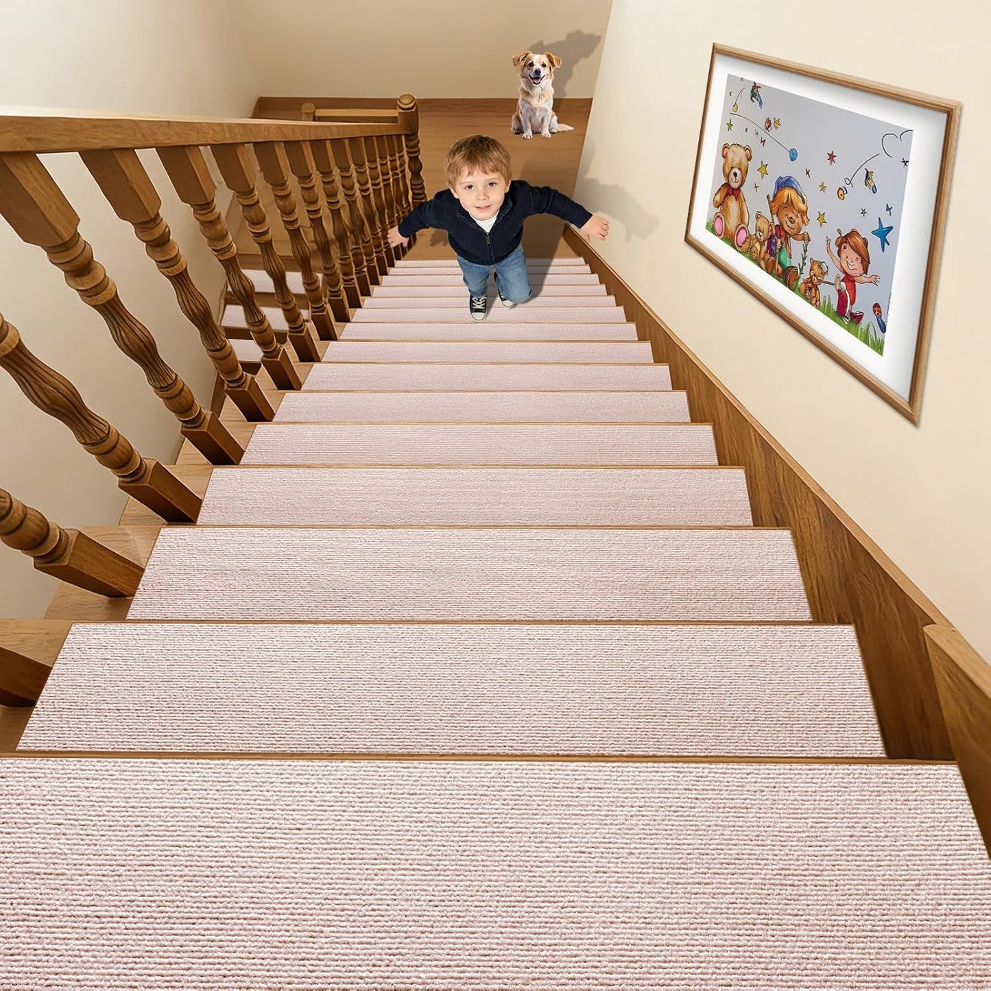 18 Pack Non-Slip Stair Treads for Wooden Steps Indoor, 8" X 30" Peel and Stick Carpet Stair Treads for Wooden Steps, Reusable Self-Adhesive Stair Runners for Wooden Steps for Kids, Elders & Pets
