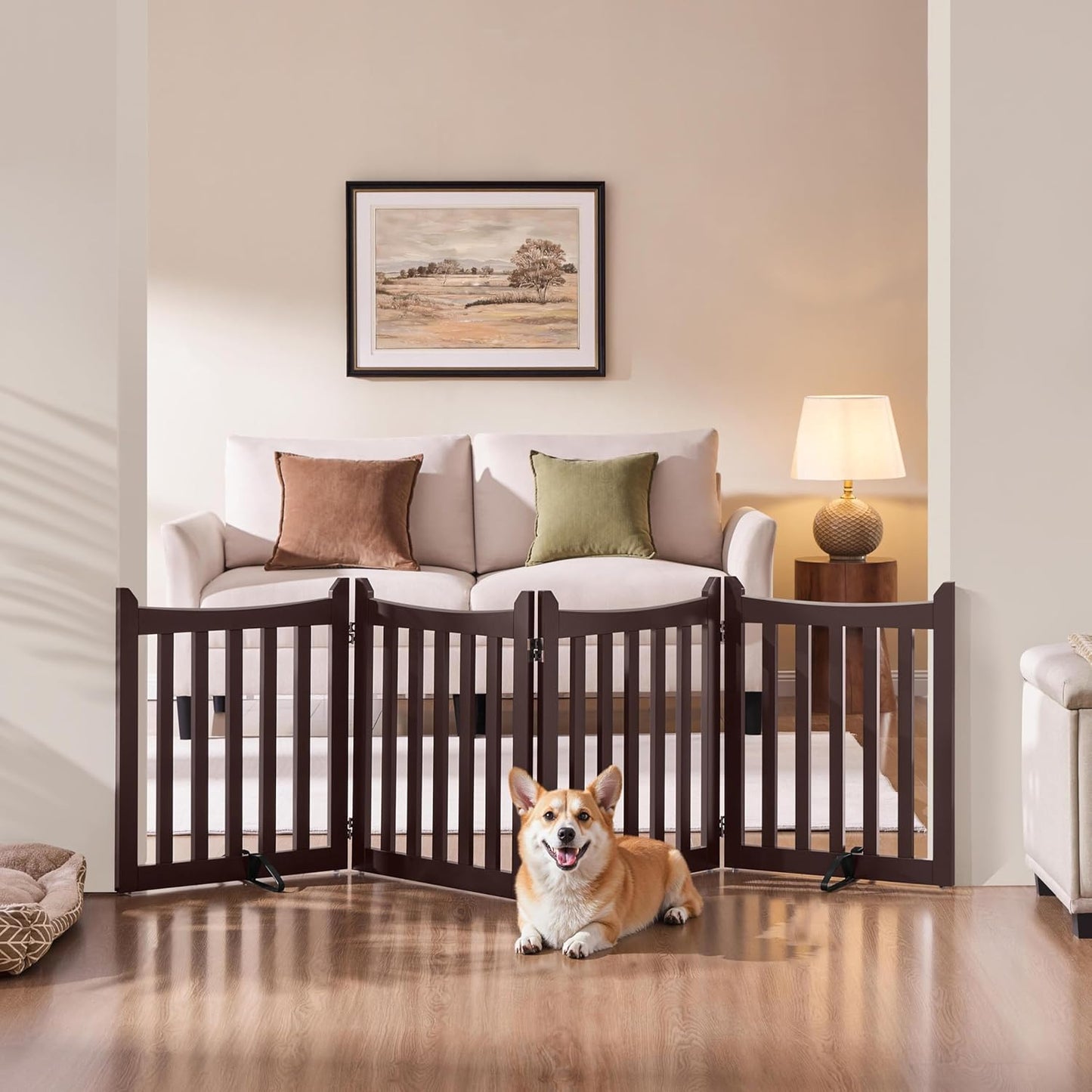 Yaheetech 36" H Extra Tall Freestanding Pet Gate 4-Panel Wooden Dog Fence with 2 Support Feet Folding Dog Gate for Indoor, Stairs, Doorways, Halls, Kitchen Wooden Pet Barrier White, 79.5" L x 36" H