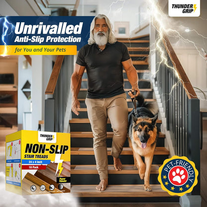 Clear Stair Treads Non-Slip 24"x4" - 18-Pack Indoor Stair Grips Non Slip for Wooden Steps - Anti Slip Adhesive Strips for Dogs & Elderly - Staircase Step Treads - Transparent Treads for Wood Stairs