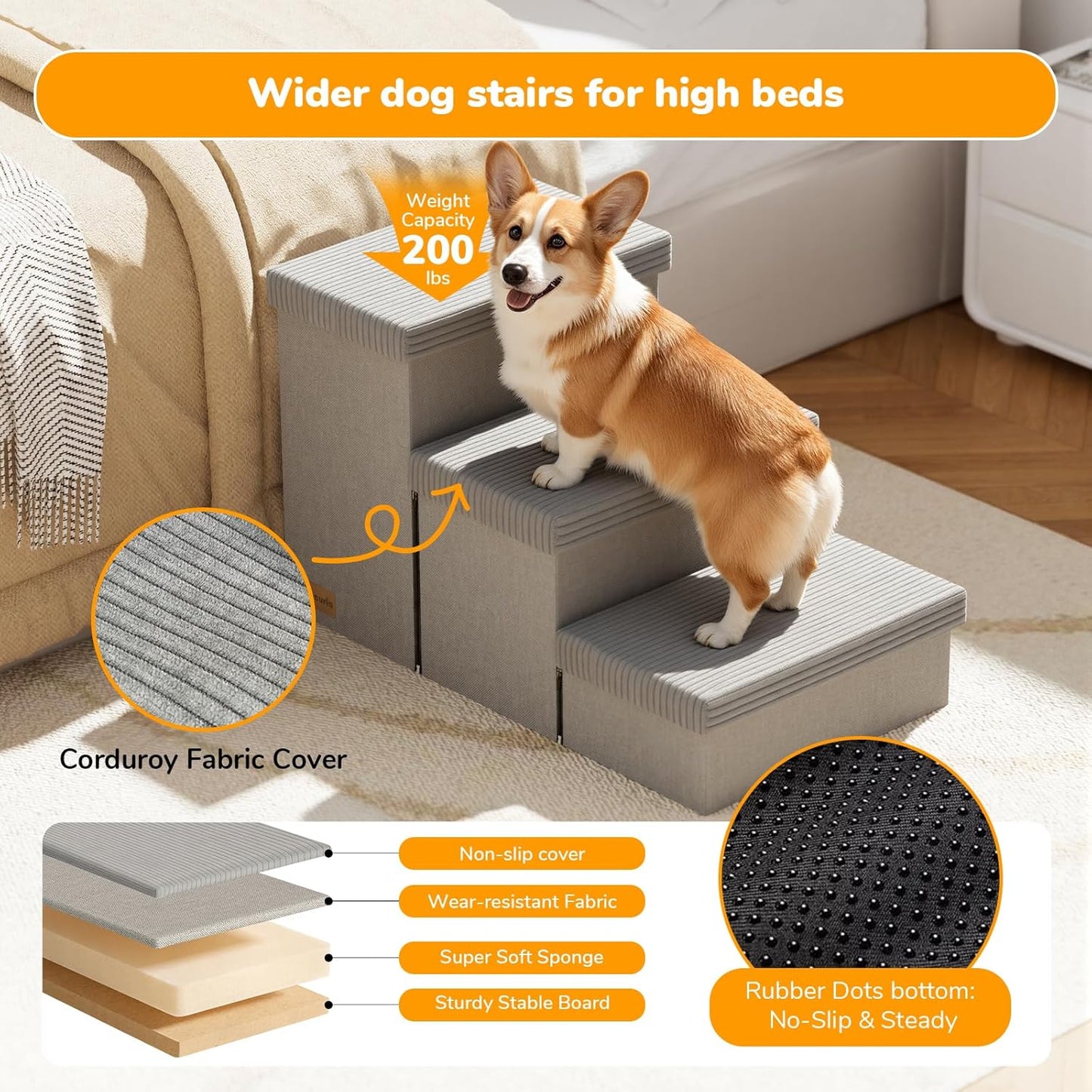 3-Step Wide Dog Stairs with Hidden Storage 18" H, Non-Slip Dog Steps for High Bed Couch Window Car, Jiont-Friendly Pet Stairs Ramp for Small/Medium/Large Old Dogs Cats Up to 200lbs, Grey