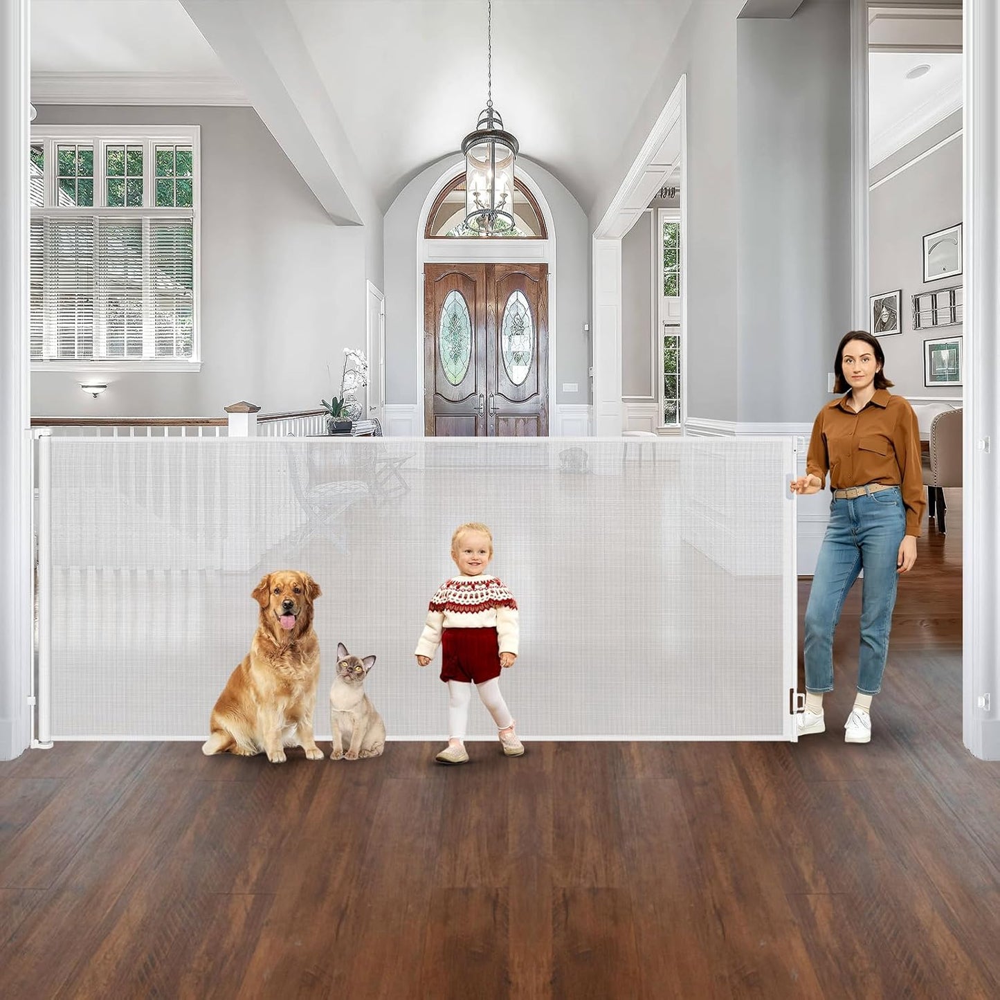 48" Extra Tall Retractable Dog Gate Indoor Prevent Your Baby/Dog/Cat from Jumping Over 55" Wide Extra Tall Retractable Baby Gate for Doorway Mesh Gates for Kids or Pets Puppy Gates for the House, Gray