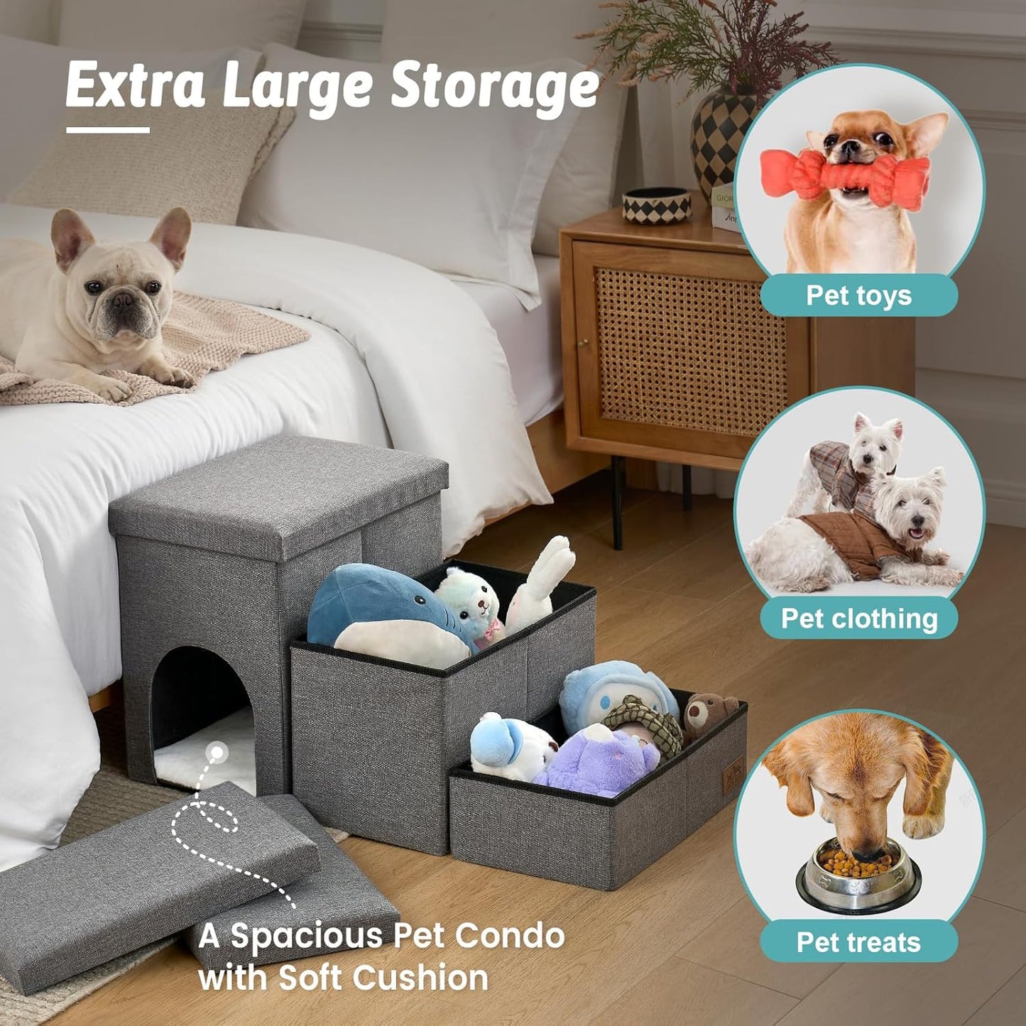 Dog Stairs with Storage, 4-Step Wider Sturdy Dog Steps for Small/Medium/Large Dogs and Older Cats, Folding Doggie Ramp for Bed/Couch/Car Hold Up to 180 lbs (22" H, Brown)