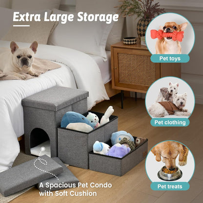 Dog Stairs with Storage, 4-Step Wider Sturdy Dog Steps for Small/Medium/Large Dogs and Older Cats, Folding Doggie Ramp for Bed/Couch/Car Hold Up to 180 lbs (22" H, Brown)