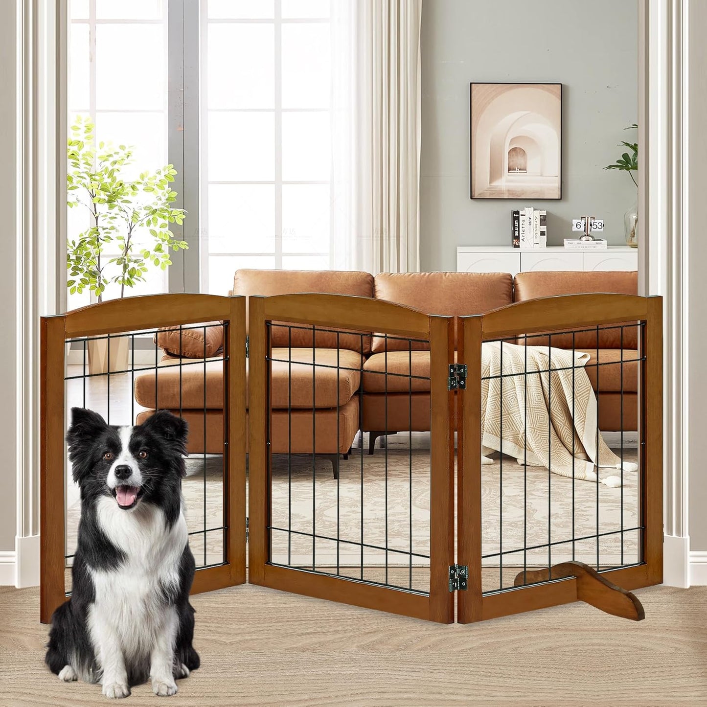 LZRS 2-Panel Freestanding Foldable Wood Dog Gate – Solid Wood & Steel Wire, Chew-Resistant Pet Barrier for Indoor Use, Ideal for Small to Medium Dogs, White