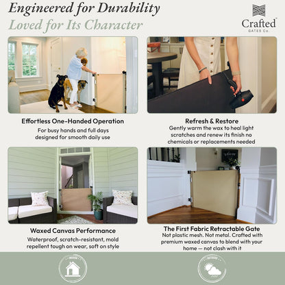 Crafted Gates Oil Waxed Canvas Fabric Retractable Dog Gate Indoor & Outdoor 27.6"–55" Wide x 33" Tall – Premium Designer-Grade Stair Gate for Dogs, Water Resistant, Scratch-Proof – Black