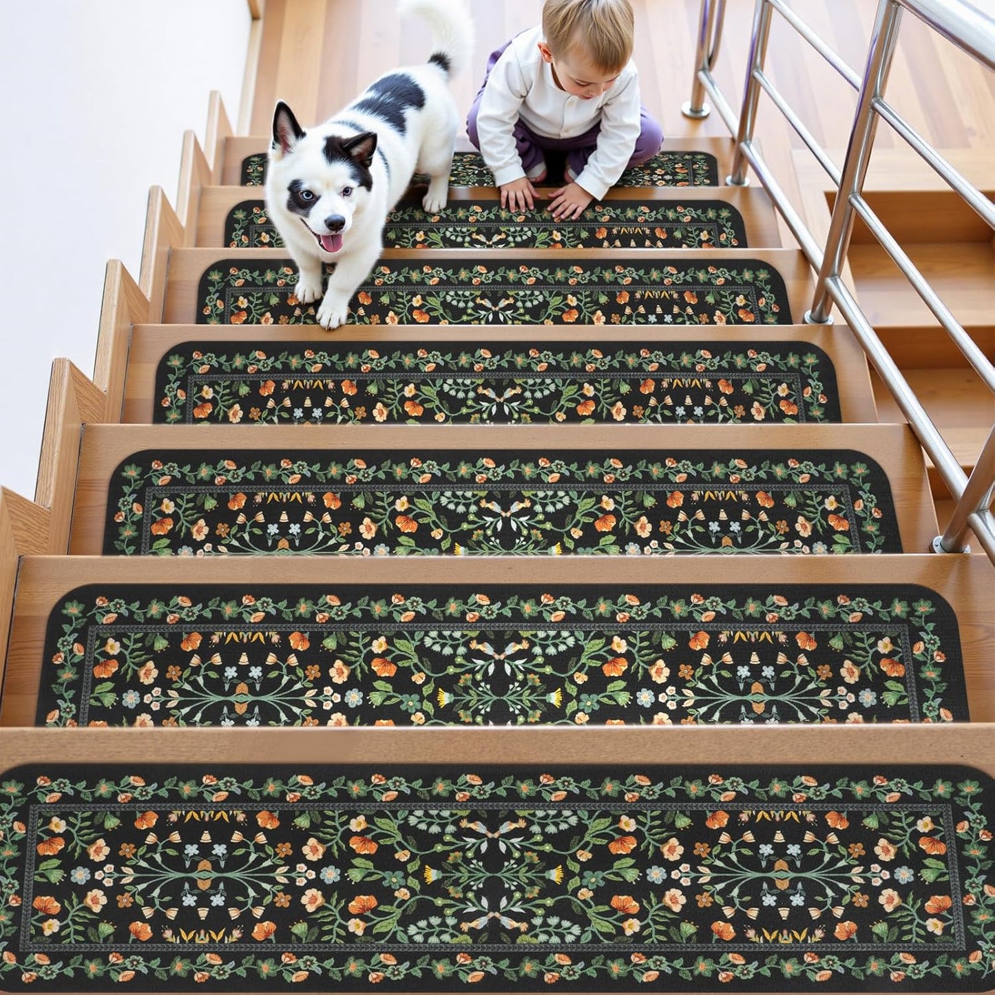 OJIA Floral Stair Treads Non-Slip Carpet Stair Treads for Wooden Steps Indoor 15PCS 30"x8" Stair Runner Stair Mats Staircase Step Treads for Kids, Elders and Dogs, Stair Covers, Black