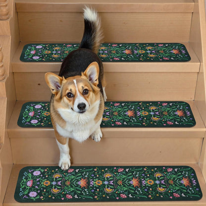 OJIA Floral Stair Treads Non-Slip Carpet Stair Treads for Wooden Steps Indoor 15PCS 30"x8" Stair Runner Stair Mats Staircase Step Treads for Kids, Elders and Dogs, Stair Covers, Black