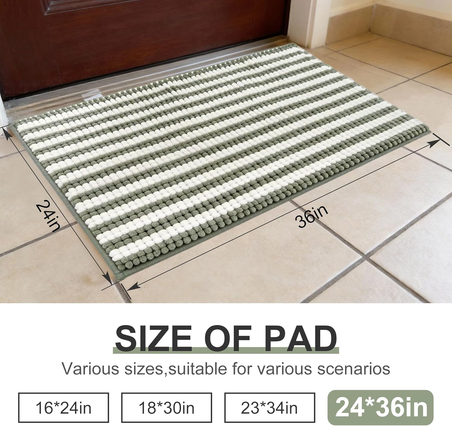 pobopobo Dog Door Mat for Muddy Paws - Absorbent & Washable Chenille Rug, Non-Slip Dirt Trapper for Indoor Outdoor Entryway, Quick Dry Pet Mat for Muddy Dogs (Striped Gray-Blue&White, 24" x 16")