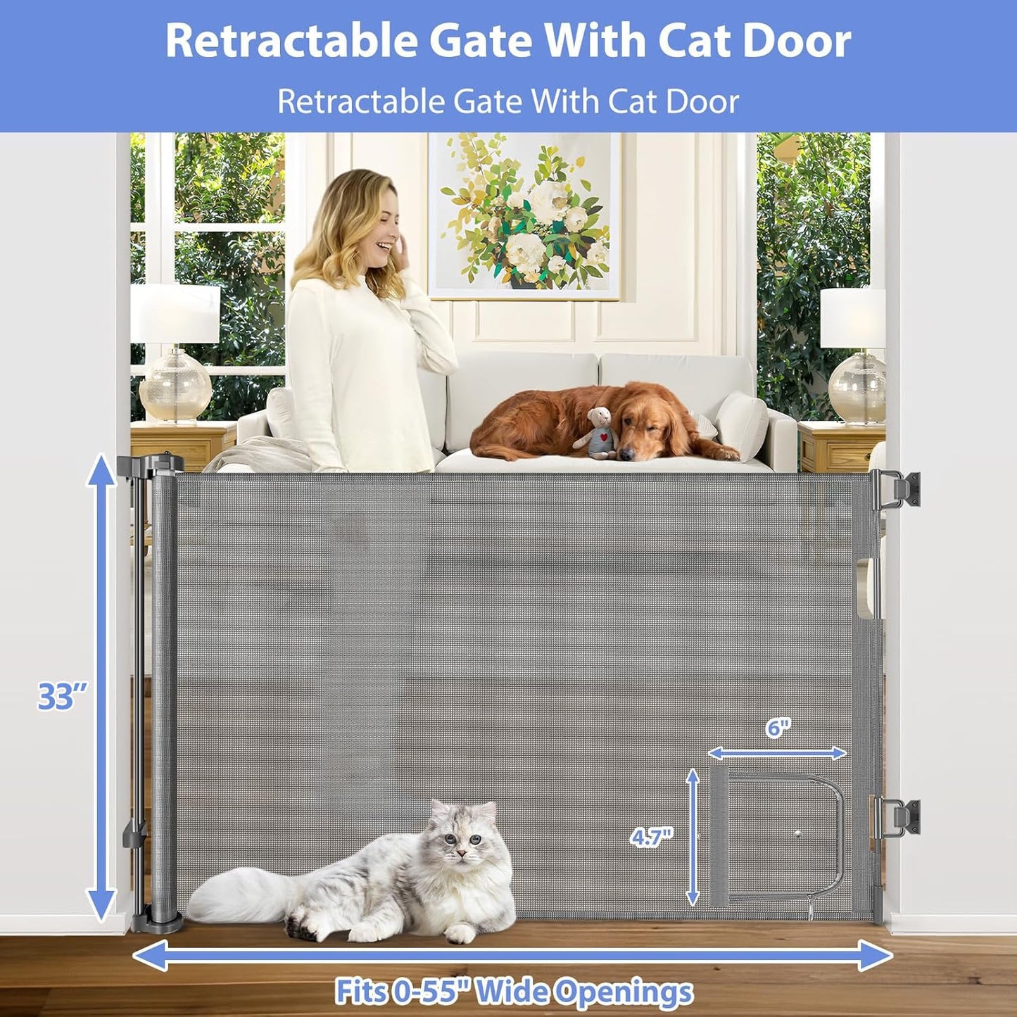 Retractable Baby Gates with Door 55" Wide Retractable Dog Gate with Pet Door Outdoor Retractable Gate for Dogs Mesh Baby Gate Retractable Pet Gate with Cat Door Retractable Child Gates for Doorways