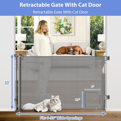 Retractable Baby Gates with Door 55" Wide Retractable Dog Gate with Pet Door Outdoor Retractable Gate for Dogs Mesh Baby Gate Retractable Pet Gate with Cat Door Retractable Child Gates for Doorways