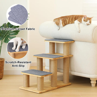 FUKUMARU 3-in-1 Pet Stairs, Retro-style Dog Steps for Cats and Small Dogs, Wooden Cat Stairs for High Bed with Scratching Post, Dog Ramp for Couch with Cat Condo Cave, Easy to Clean & Aesthetic Design